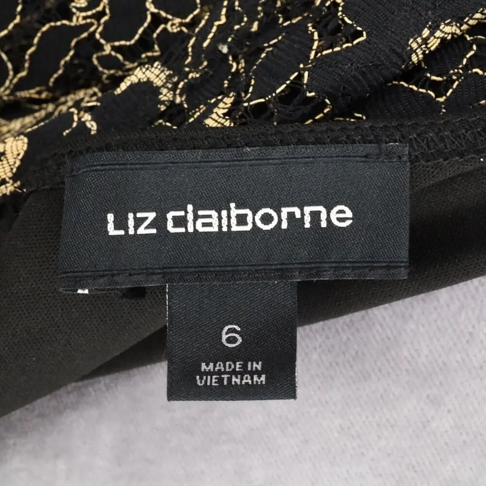 Liz Claiborne Dress Womens 6 Black Gold Lace Rhinestones Lined Formal New